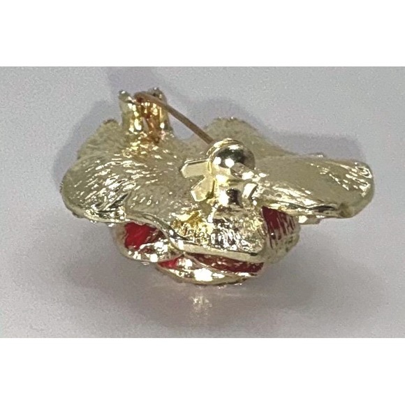 Red Rose Enamel Rhinestone Brooch Pin Gold-Tone 1.25" Floral Statement - Picture 4 of 6